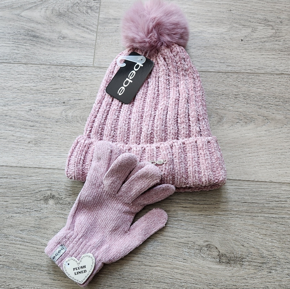 Bebe Pink Beanie Hat and Glove Set Womens One Size Knitted Faux Fur Pom-pom